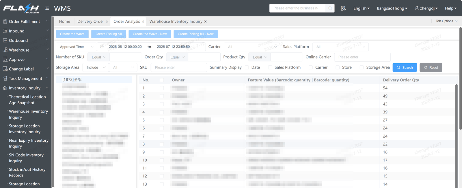Flash WMS Order Analysis screen: grouping marketplace orders into picking waves
